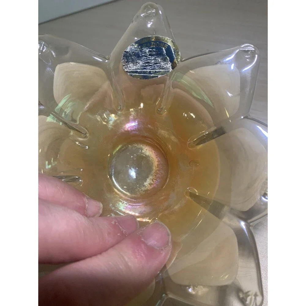Murano Art Glass Star Flower Votive Dish white and Iridescent Orange has Sticker